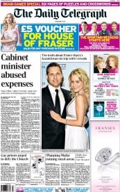 The Daily Telegraph Newspaper Front Page (UK) for 29 March 2014