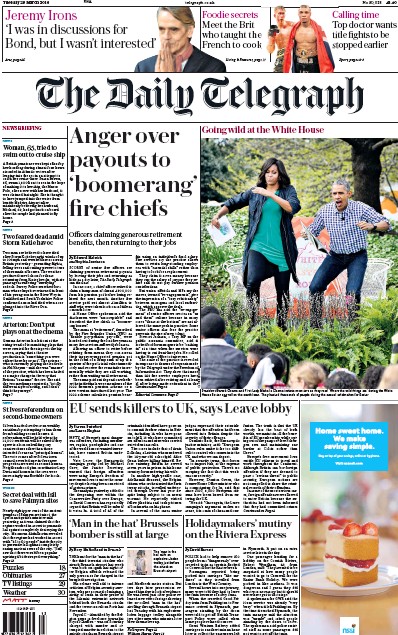 The Daily Telegraph Newspaper Front Page (UK) for 29 March 2016
