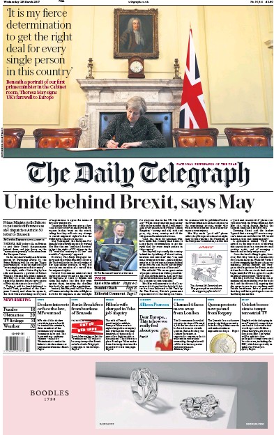 The Daily Telegraph Newspaper Front Page (UK) for 29 March 2017
