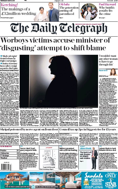 The Daily Telegraph Newspaper Front Page (UK) for 29 March 2018