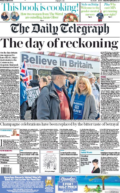 The Daily Telegraph Newspaper Front Page (UK) for 29 March 2019