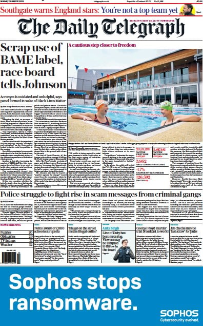 The Daily Telegraph Newspaper Front Page (UK) for 29 March 2021
