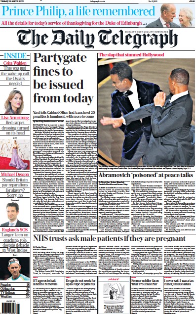 The Daily Telegraph Newspaper Front Page (UK) for 29 March 2022