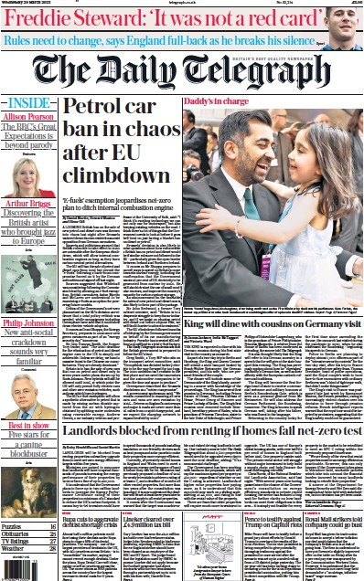 The Daily Telegraph Newspaper Front Page (UK) for 29 March 2023