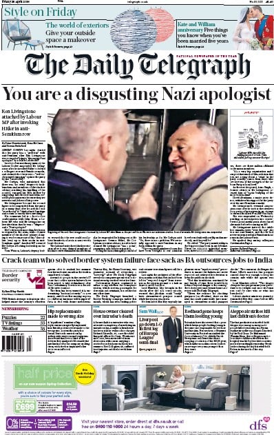 The Daily Telegraph Newspaper Front Page (UK) for 29 April 2016