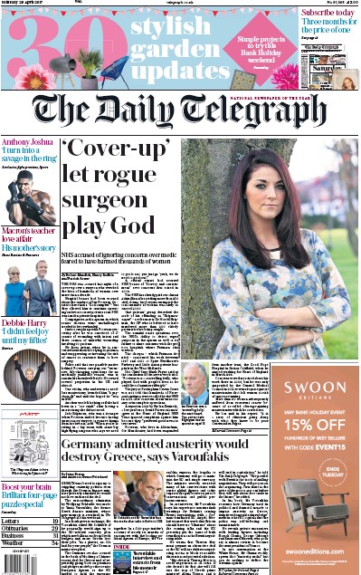 The Daily Telegraph Newspaper Front Page (UK) for 29 April 2017