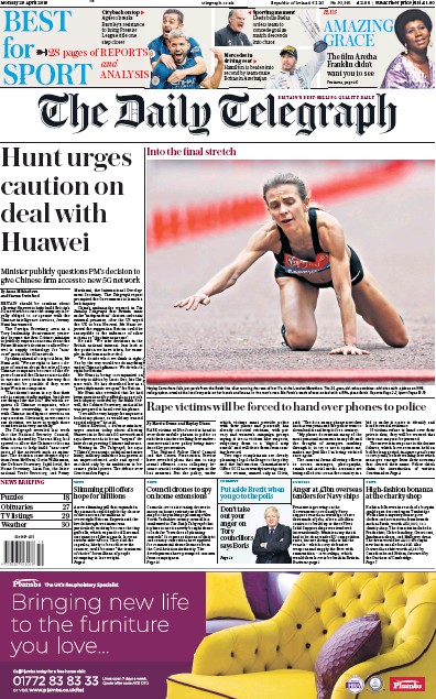 The Daily Telegraph Newspaper Front Page (UK) for 29 April 2019