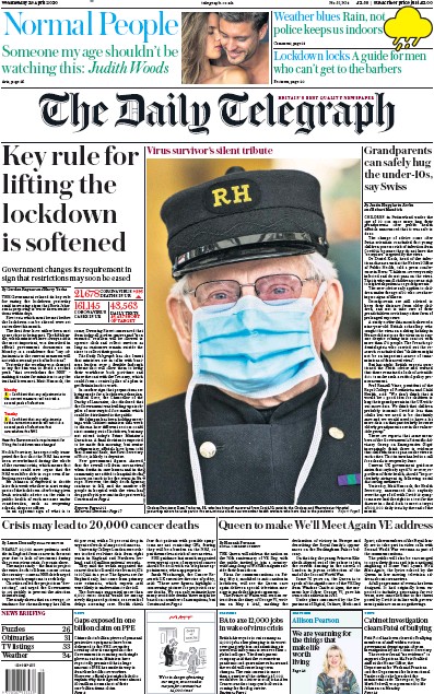 The Daily Telegraph Newspaper Front Page (UK) for 29 April 2020