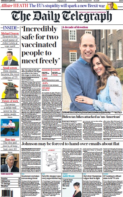 The Daily Telegraph Newspaper Front Page (UK) for 29 April 2021