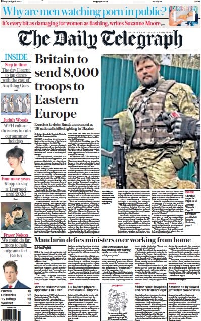 The Daily Telegraph Newspaper Front Page (UK) for 29 April 2022