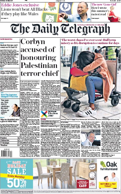 The Daily Telegraph Newspaper Front Page (UK) for 29 May 2017