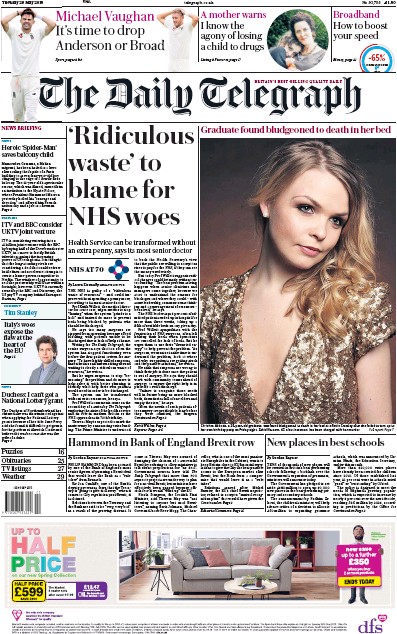 The Daily Telegraph Newspaper Front Page (UK) for 29 May 2018