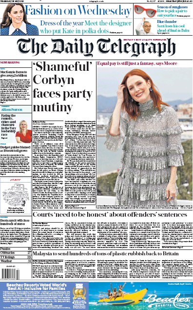 The Daily Telegraph Newspaper Front Page (UK) for 29 May 2019