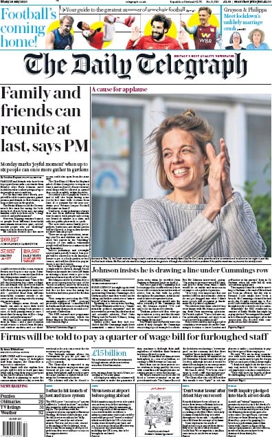 The Daily Telegraph Newspaper Front Page (UK) for 29 May 2020