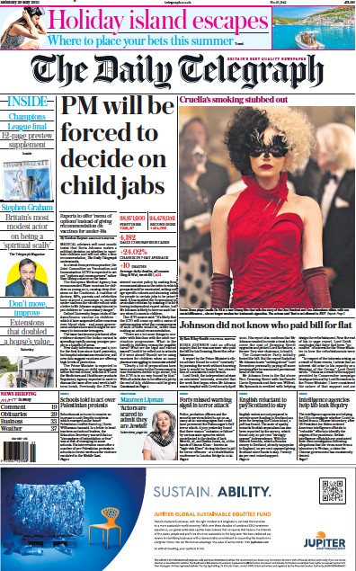 The Daily Telegraph Newspaper Front Page (UK) for 29 May 2021