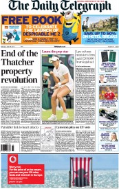 The Daily Telegraph (UK) Newspaper Front Page for 29 June 2013
