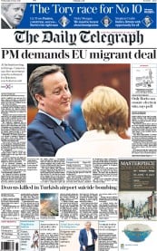 The Daily Telegraph (UK) Newspaper Front Page for 29 June 2016