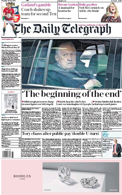 The Daily Telegraph Newspaper Front Page (UK) for 29 June 2017