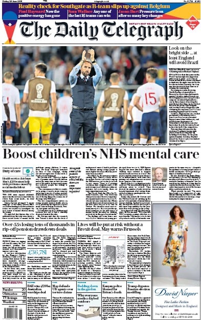 The Daily Telegraph Newspaper Front Page (UK) for 29 June 2018