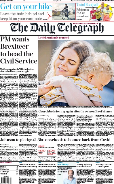The Daily Telegraph Newspaper Front Page (UK) for 29 June 2020