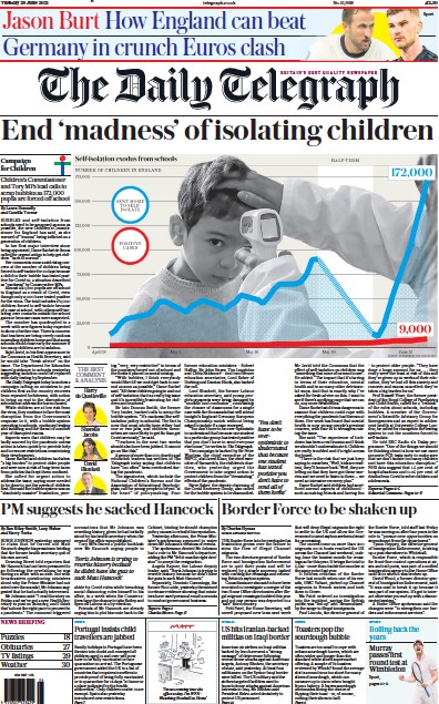 The Daily Telegraph Newspaper Front Page (UK) for 29 June 2021