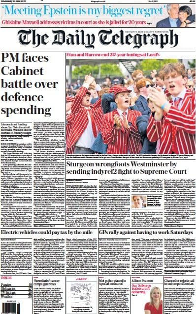 The Daily Telegraph Newspaper Front Page (UK) for 29 June 2022