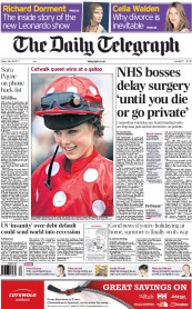 The Daily Telegraph Newspaper Front Page (UK) for 29 July 2011