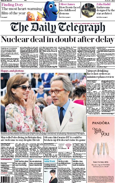 The Daily Telegraph Newspaper Front Page (UK) for 29 July 2016