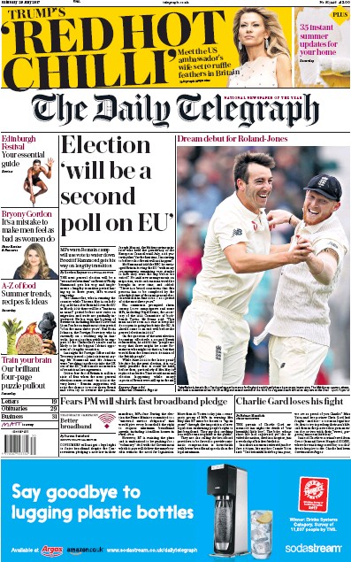 The Daily Telegraph Newspaper Front Page (UK) for 29 July 2017