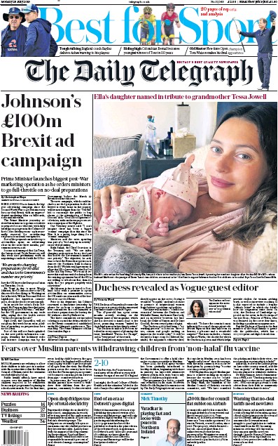 The Daily Telegraph Newspaper Front Page (UK) for 29 July 2019