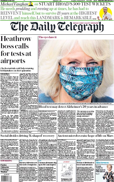 The Daily Telegraph Newspaper Front Page (UK) for 29 July 2020