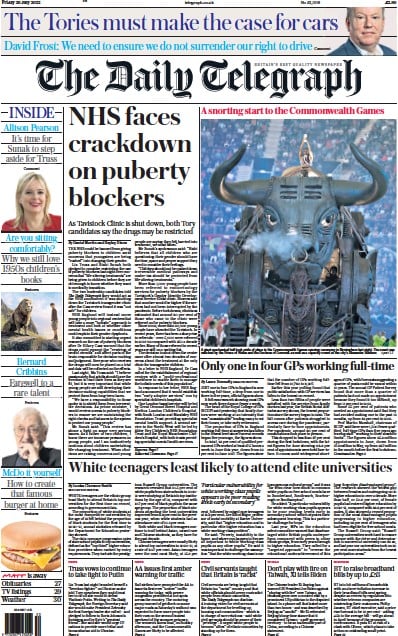 The Daily Telegraph Newspaper Front Page (UK) for 29 July 2022