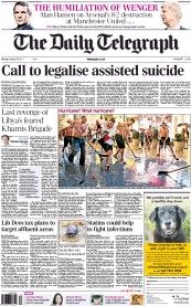 The Daily Telegraph Newspaper Front Page (UK) for 29 August 2011