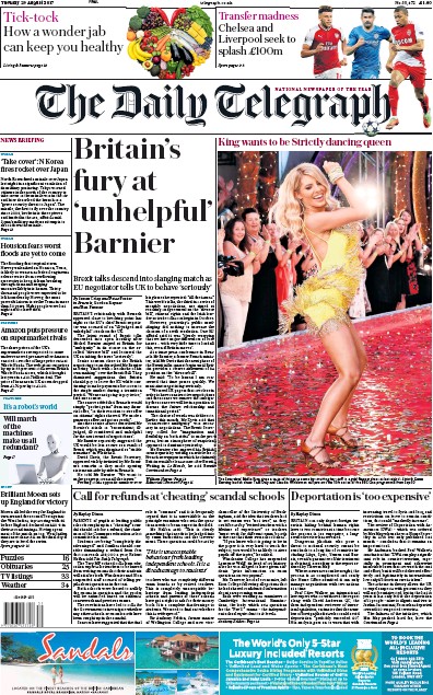 The Daily Telegraph Newspaper Front Page (UK) for 29 August 2017