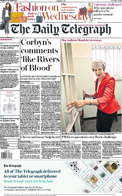 The Daily Telegraph Newspaper Front Page (UK) for 29 August 2018