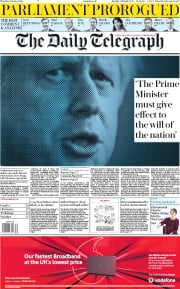 The Daily Telegraph (UK) Newspaper Front Page for 29 August 2019
