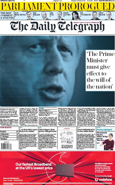 The Daily Telegraph Newspaper Front Page (UK) for 29 August 2019