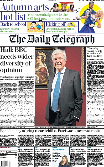 The Daily Telegraph Newspaper Front Page (UK) for 29 August 2020