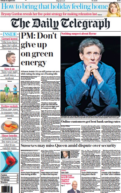 The Daily Telegraph Newspaper Front Page (UK) for 29 August 2022