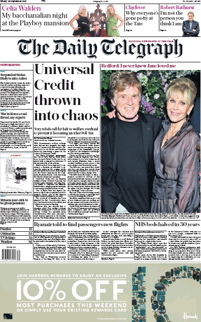 The Daily Telegraph Newspaper Front Page (UK) for 29 September 2017
