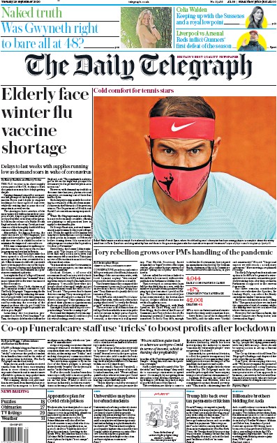 The Daily Telegraph Newspaper Front Page (UK) for 29 September 2020