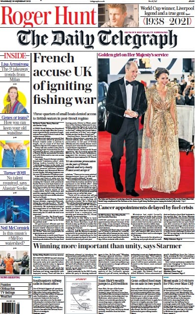 The Daily Telegraph Newspaper Front Page (UK) for 29 September 2021