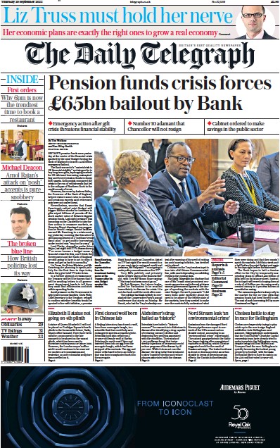 The Daily Telegraph Newspaper Front Page (UK) for 29 September 2022