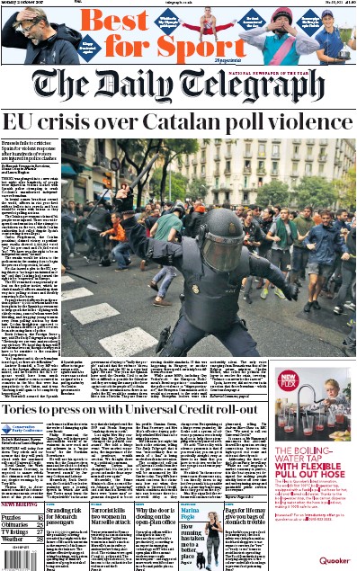 The Daily Telegraph Newspaper Front Page (UK) for 2 October 2017