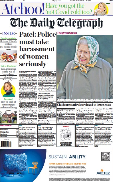 The Daily Telegraph Newspaper Front Page (UK) for 2 October 2021