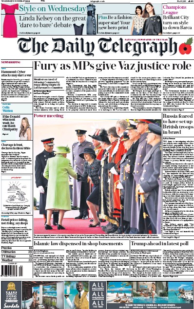 The Daily Telegraph Newspaper Front Page (UK) for 2 November 2016