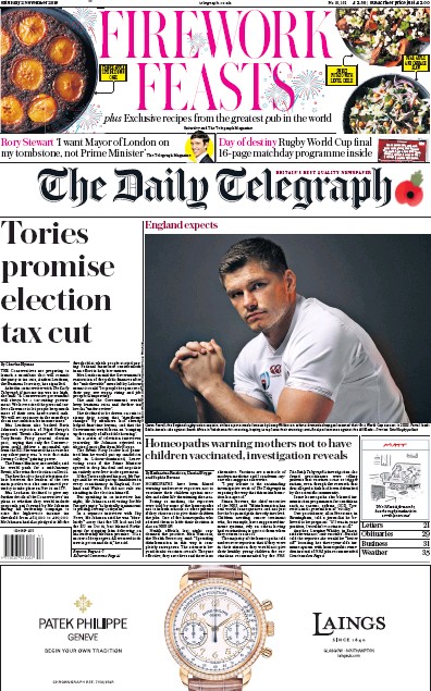 The Daily Telegraph Newspaper Front Page (UK) for 2 November 2019