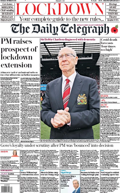 The Daily Telegraph Newspaper Front Page (UK) for 2 November 2020
