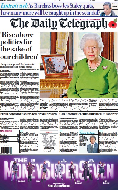 The Daily Telegraph Newspaper Front Page (UK) for 2 November 2021