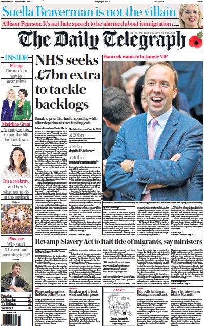 The Daily Telegraph Newspaper Front Page (UK) for 2 November 2022
